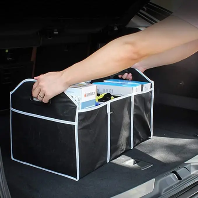 1 durable canvas car trunk storage box, foldable and waterproof car storage bag, 3 compartments, suitable for SUVs, trucks, vans