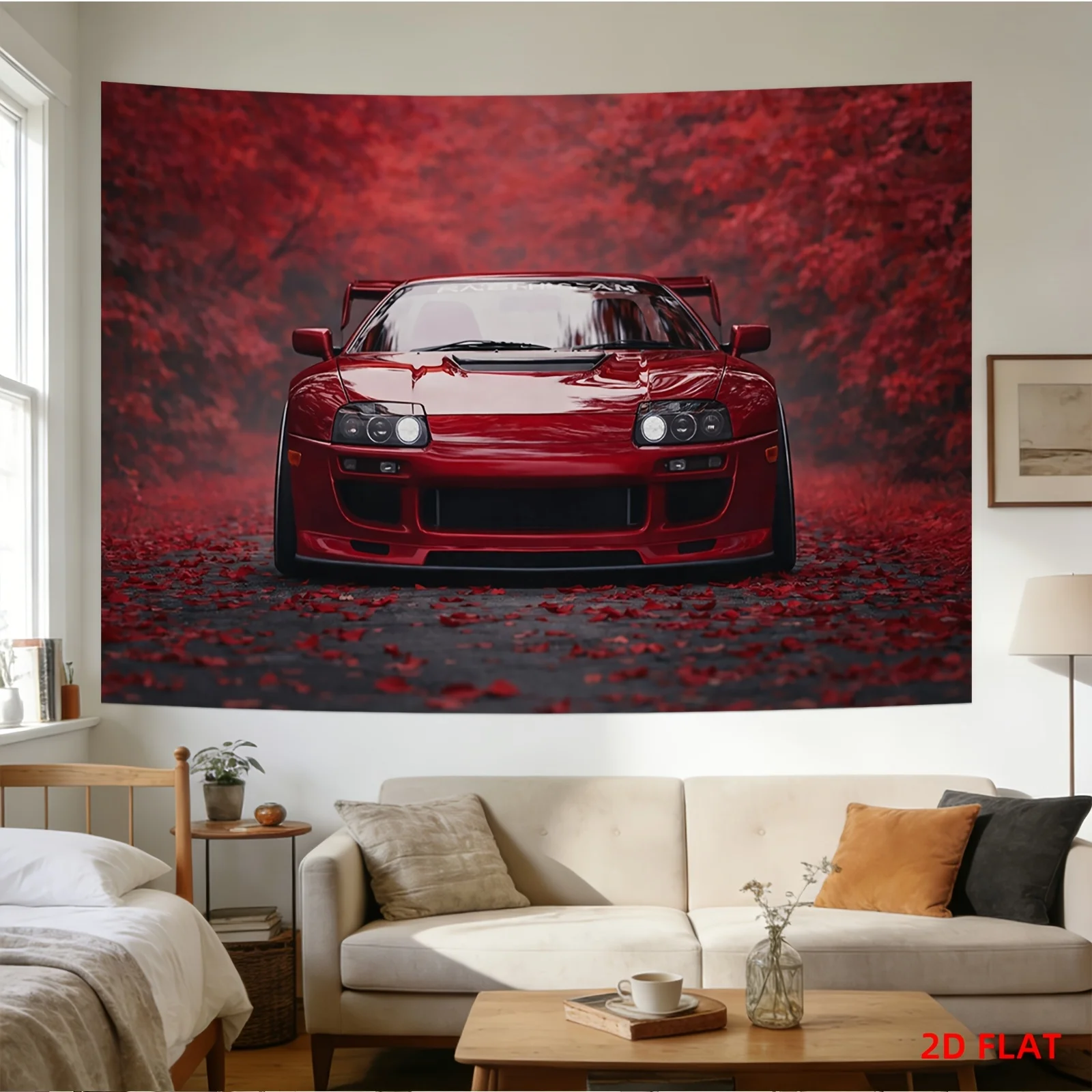 Red Mazda RX-7 FD3S JDM Tapestry, Modified Sports Car in Red Leaves Forest Wall Hanging, Car Lover Room Decor 1pcs