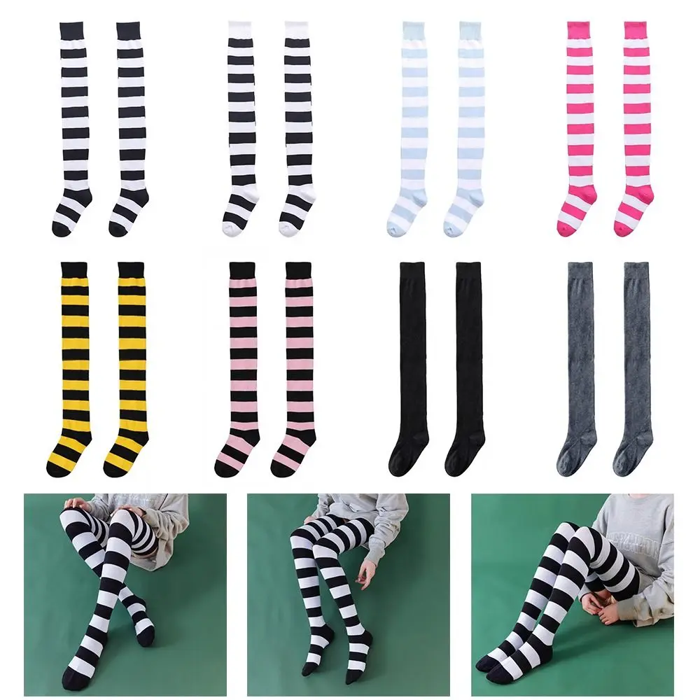1 Pair Creative Multicolor Stripe Stockings Thigh High Knitted Cotton Thigh High Socks Prevent Odor Absorb Sweat Long Socks OOTD