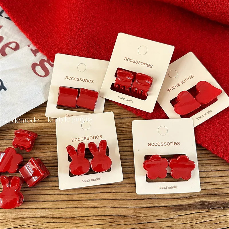 2pcs New Year's Red Festival Mini Hair Clip Retro Red Edge Clip Cute Girl Heart Liu Hai Clip Princess Head Clip Headpiece