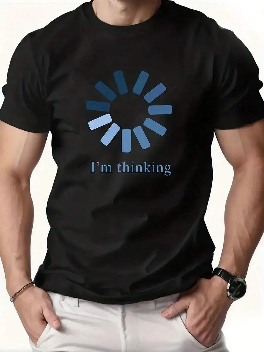 

Mens Graphic Casual Short Sleeve Round Neck T-Shirt With Blue Text And Sun Print, Lightweight Breathable Cotton Tee