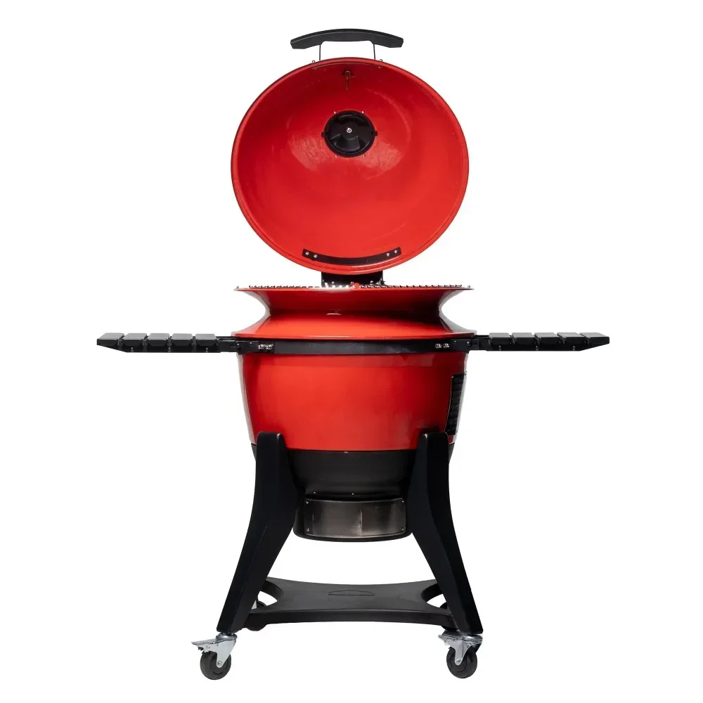 

A 22 in. Charcoal Grill in Red with Hinged Lid and Side Shelves,Folding side shelves for larger preparation space