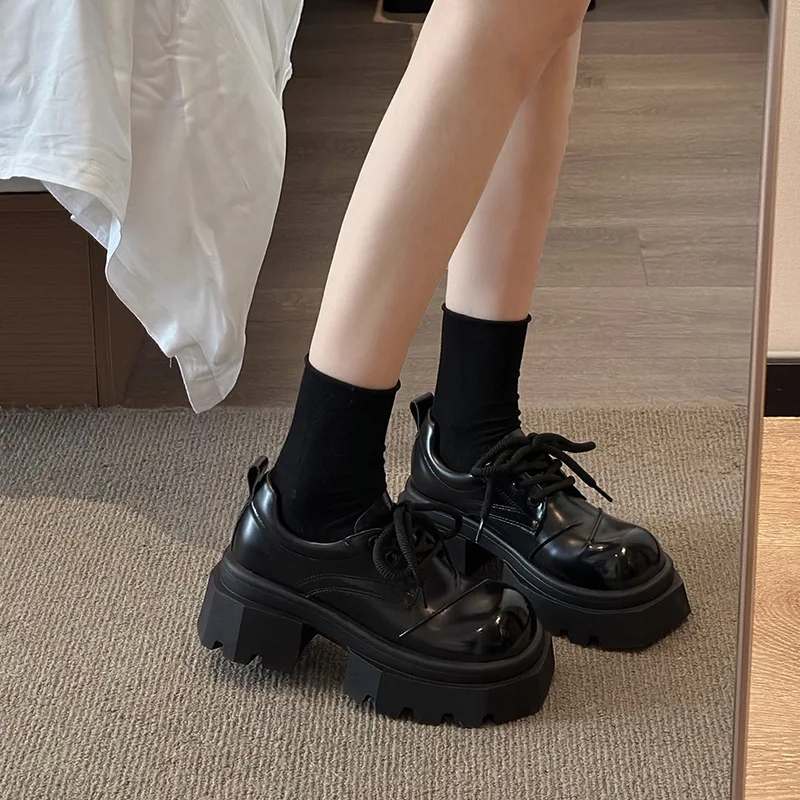 

Women's Round Toe High Heel Loafers New British Style Thick-Soled Height-Increasing Lace-Up Leather Shoes Casual Flats