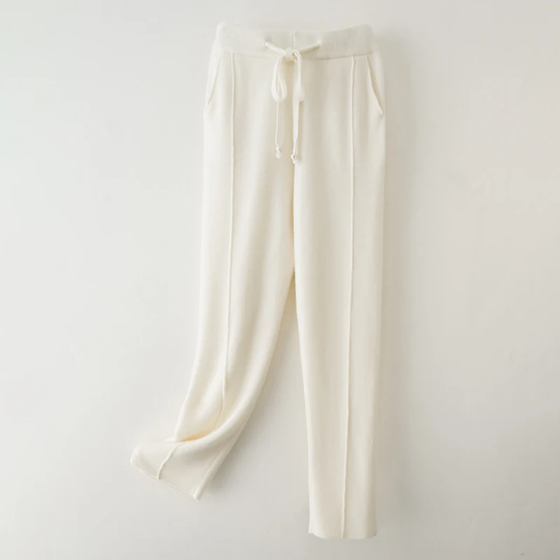 THYFGT 100% Merino Wool Women's Medium Seam Pencil Pants Autumn Winter Cashmere Knitting Pants Simple Style Soft Warm Trousers