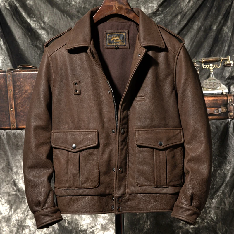 Dark Brown Winter Leather Jacket Men Retro Style Plus Size 5XL Genuine Natural Thick Cowhide California Mounted Police Coat