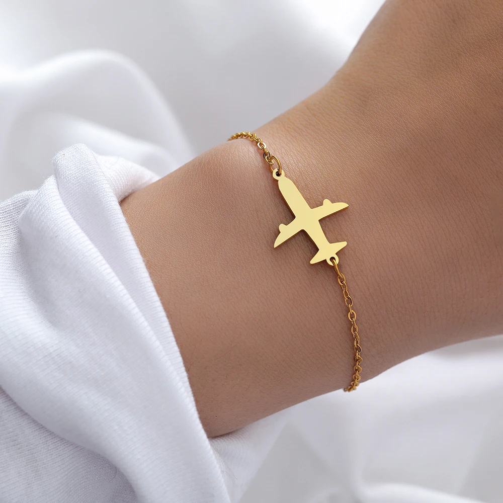 Stainless Steel Bracelets Simple Airplane Design Pendant Chains Fashion Charms Bracelet For Women Jewelry Party Friends Gifts