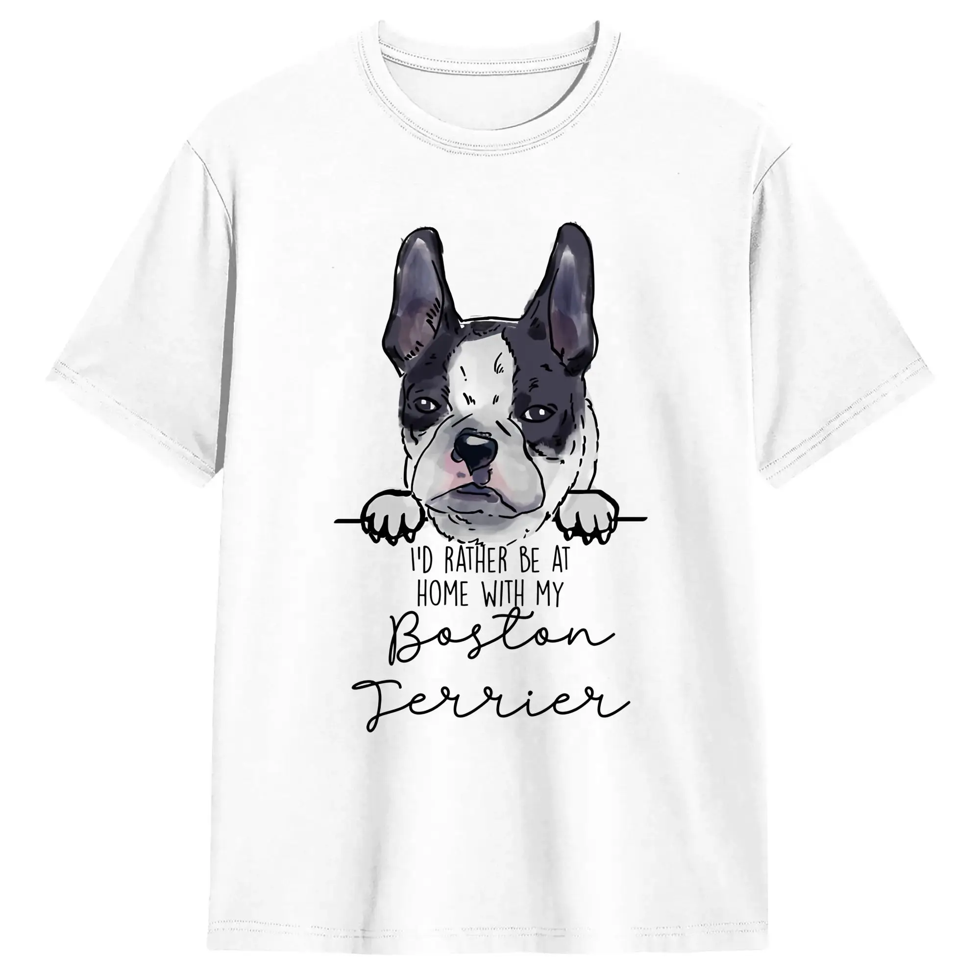 Men's T-Shirt I’d rather be at home with my Boston Terrier Dog Cotton Tee Shirt Short Sleeve  T Shirt Clothing Plus Size
