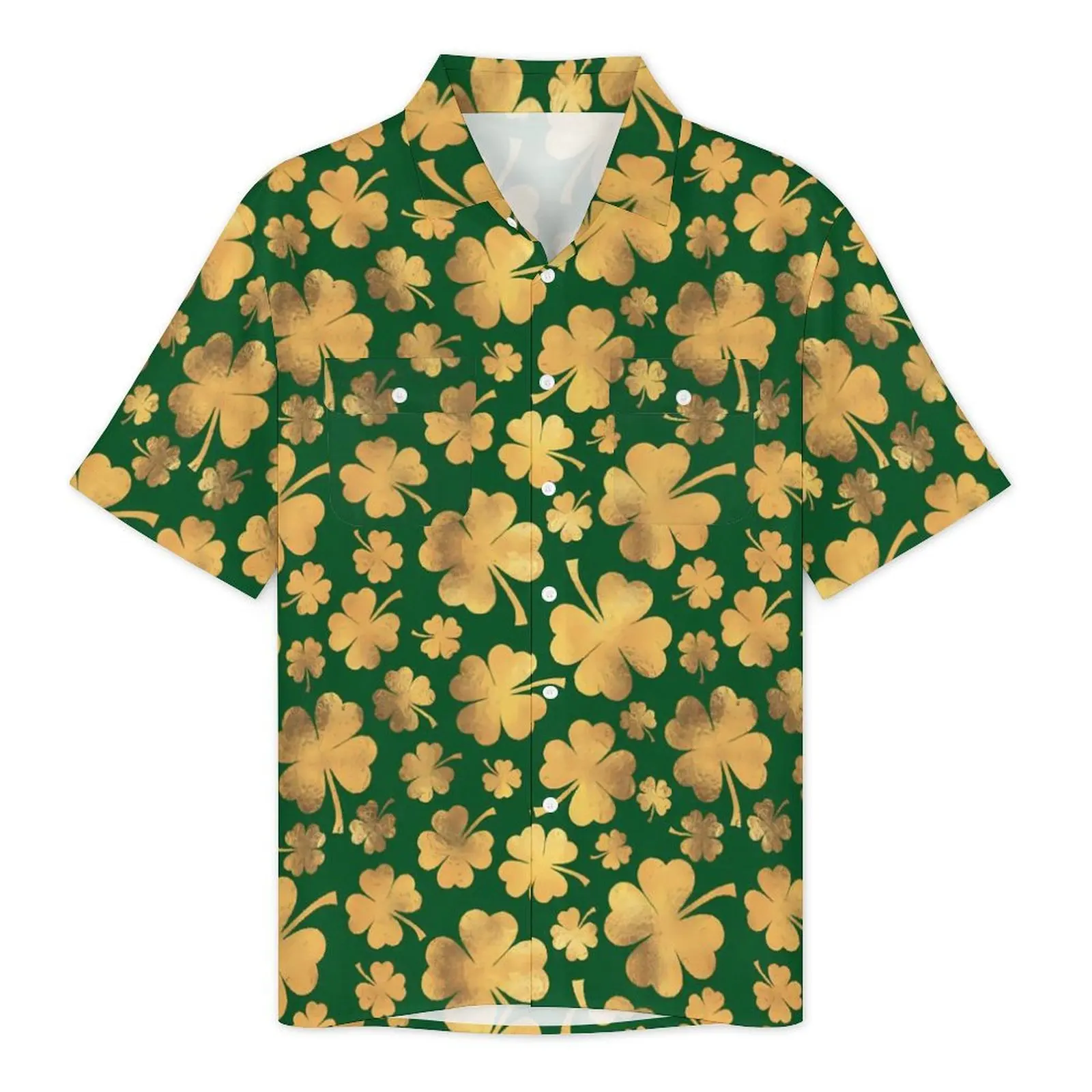 Hawaiian Shirt Beach St Patricks Day Blouses Gold Foil Shamrocks Retro Casual Shirts Short Sleeve Breathable Plus Size Clothing