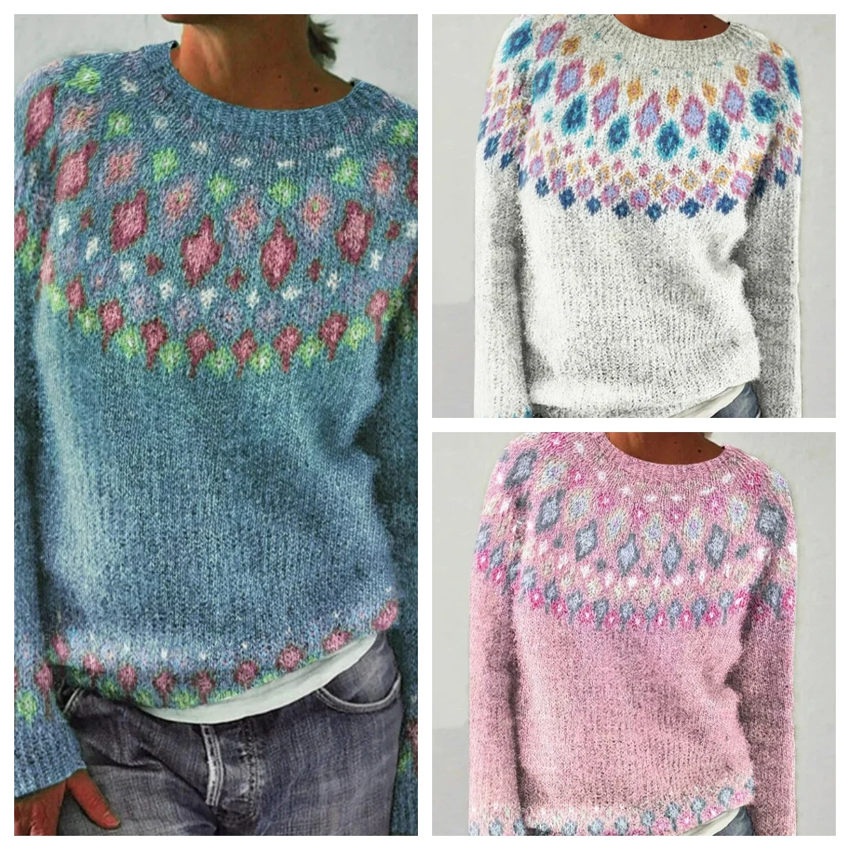 

2025 New European American Women's Sweater Round Neck Color Block Loose Fashion Pullover Knitwear Hot Sale