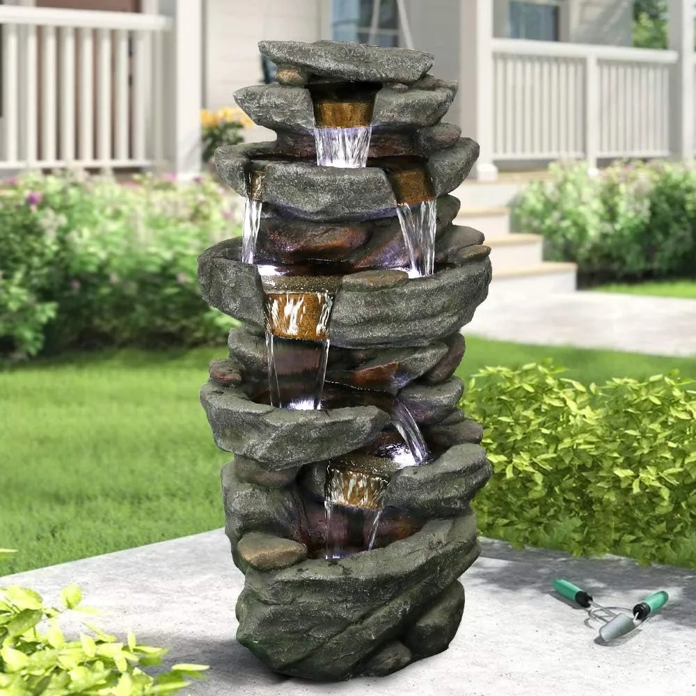 

Outdoor Relaxing Waterfall - 6-Tier Fountain with 6 LED Lights, Stone-Liking Resin for Patio, Garden, House&Office (40.6in, Grey
