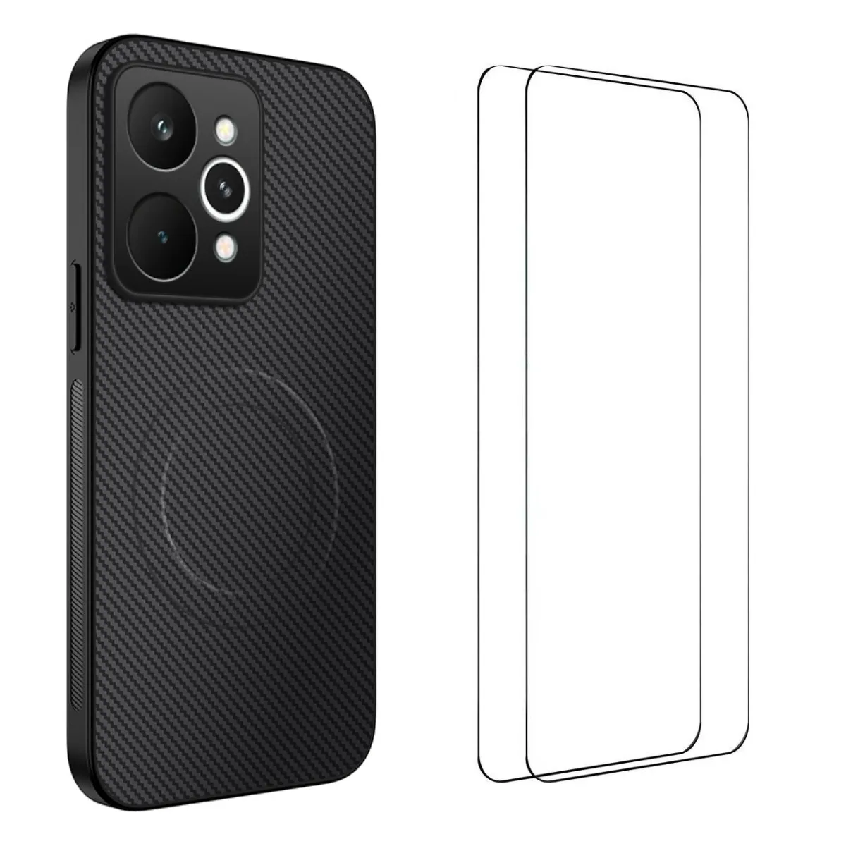 

Для Realme 15 5G Магнитный чехол серии WANLONFENG TQ1 с текстурой углеродного волокна, чехол для телефона из ПК и ТПУ с 2 пленками для экрана - черный