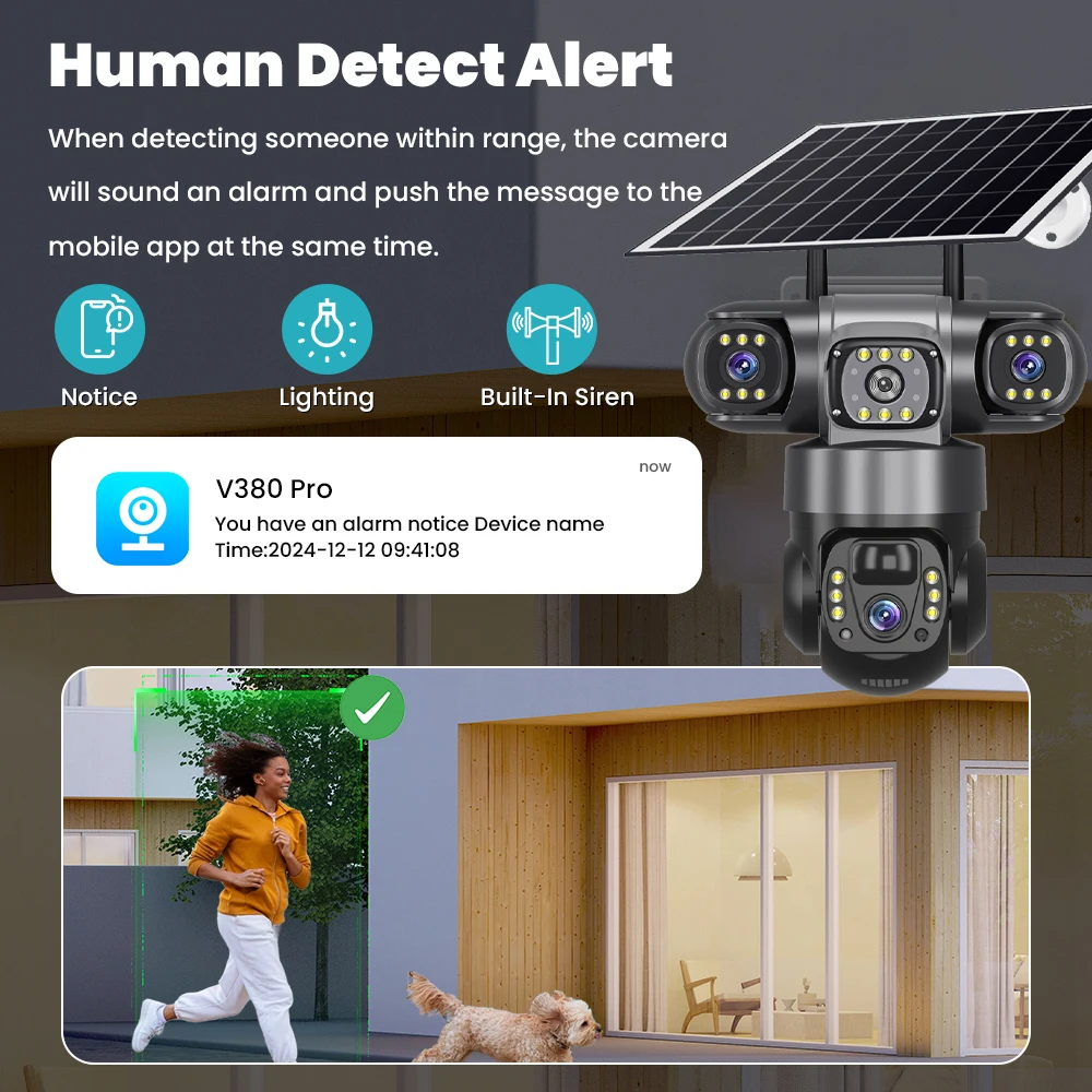 كاميرا IP تعمل بالطاقة الشمسية بثلاث عدسات 4G خارجية 6K 12MP ثلاث كاميرات PTZ مع لوحة طاقة شمسية ملونة للرؤية الليلية للمراقبة المنزلية