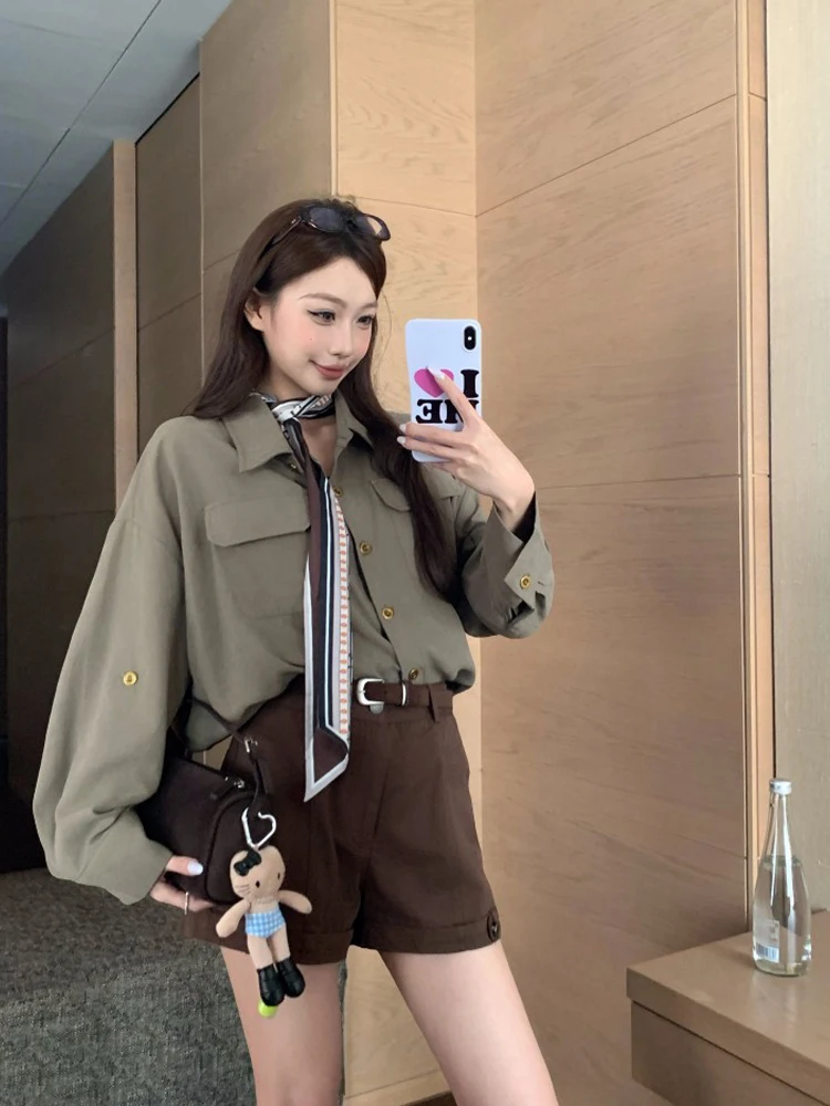 

Рубашка женская в стиле ретро с длинным рукавом на пуговицах, модный элегантный топ свободного кроя с рукавами «летучая мышь», укороченная, весна 2026