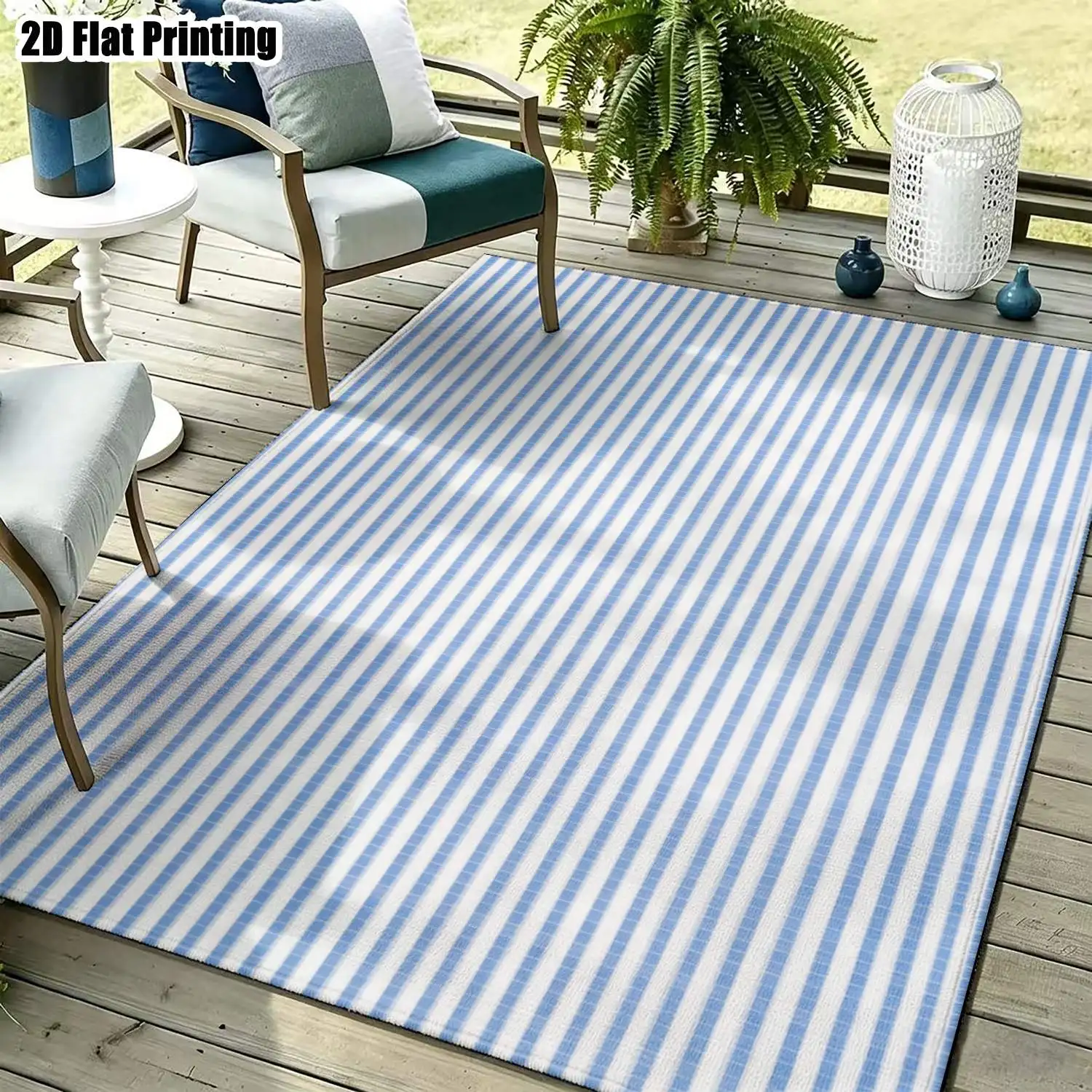 1Pc 2D Printed Blue&White Striped Geometric Nordic/Instagram Style Machine-Washable Carpet, Multi-Size for Entryway, Dining Room, Foyer, Living Room, Bedroom Home Decor