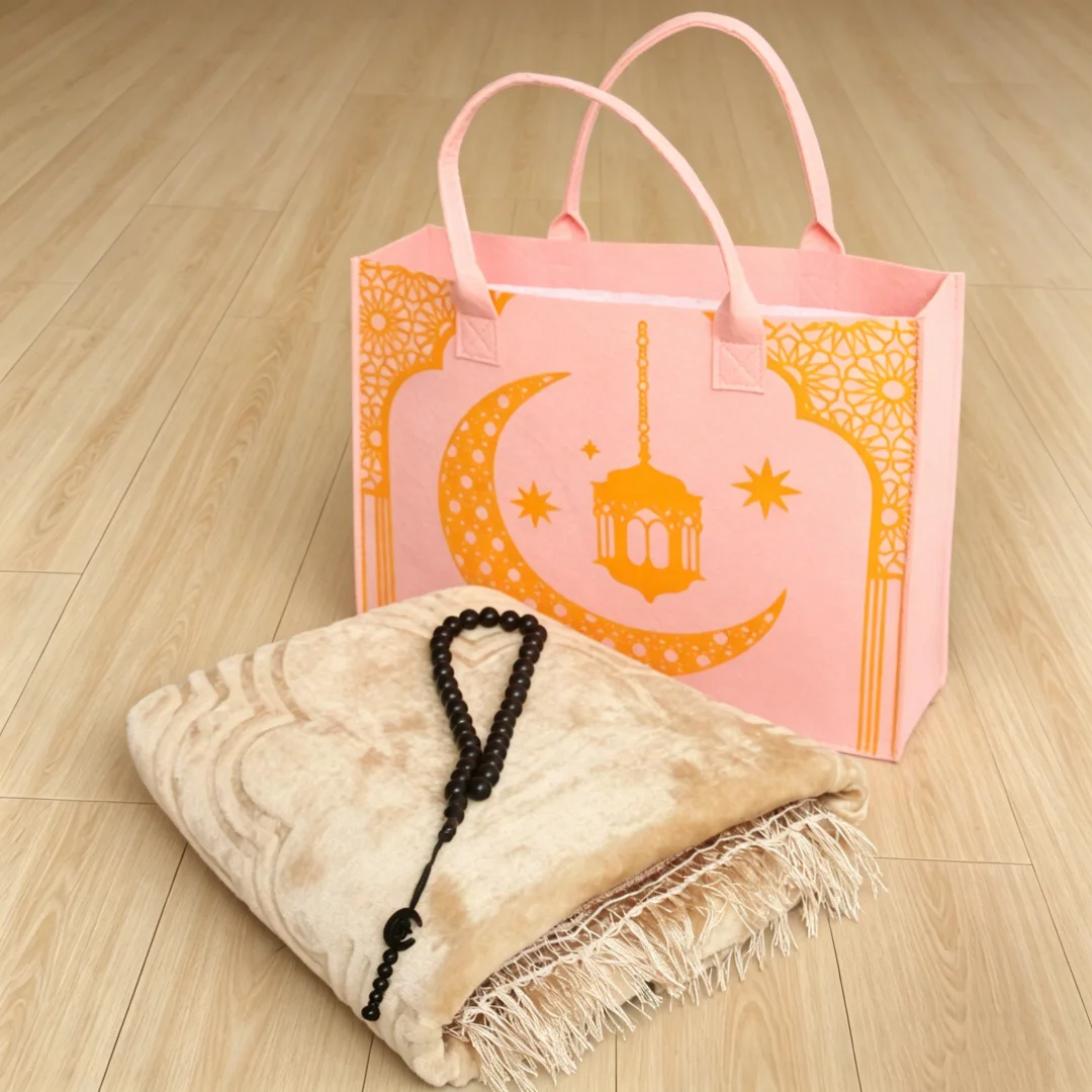 Two-piece Flannel Prayer Rug Set, Soft Printed Prayer Mat with Prayer Bead Storage Gift Pouch, Household Prayer and Worship Kit