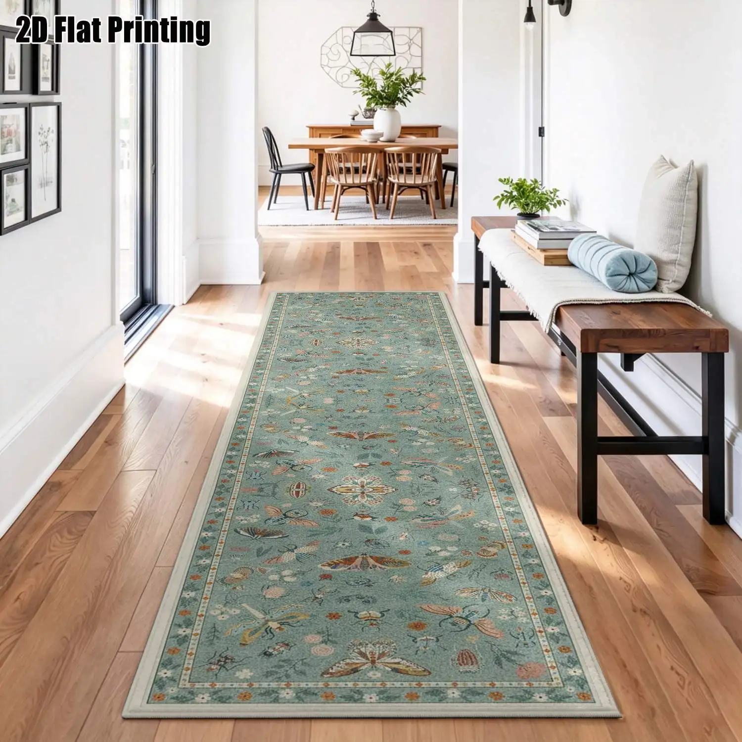 1Pc 2D Printed Long Strip Runner Carpet: Blue-Green Floral Plant Pattern, Euro/Bohemian/Geometric Stripe/Minimalist Styles, Multi-Size, Machine Washable, for Entryway, Hallway, Living Room, Bedroom Home Decor