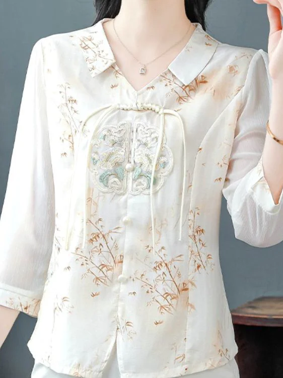 

Elegant Embroidered Chiffon Shirt Women's Spring Summer Fashion Mom Clothes Chinese Style New Arrival Breathable Loose Fit Shirt