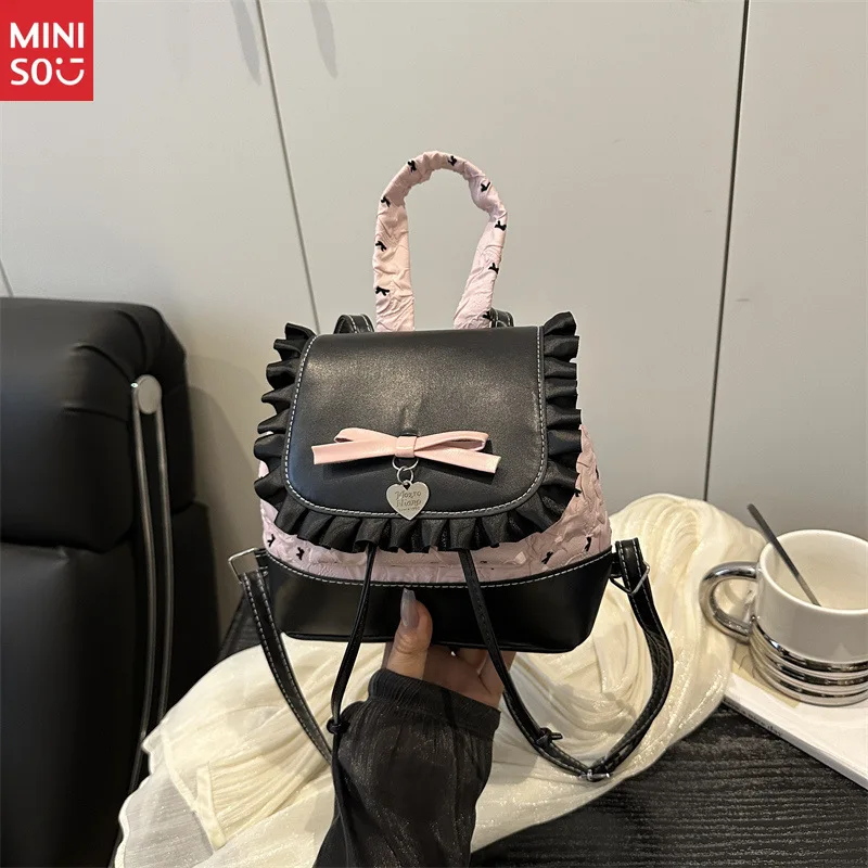 حقيبة ظهر من الدانتيل من Miniso 2025 للنساء، حقيبة يد لطيفة على شكل فيونكة وحقيبة كتف، عصرية وبسيطة