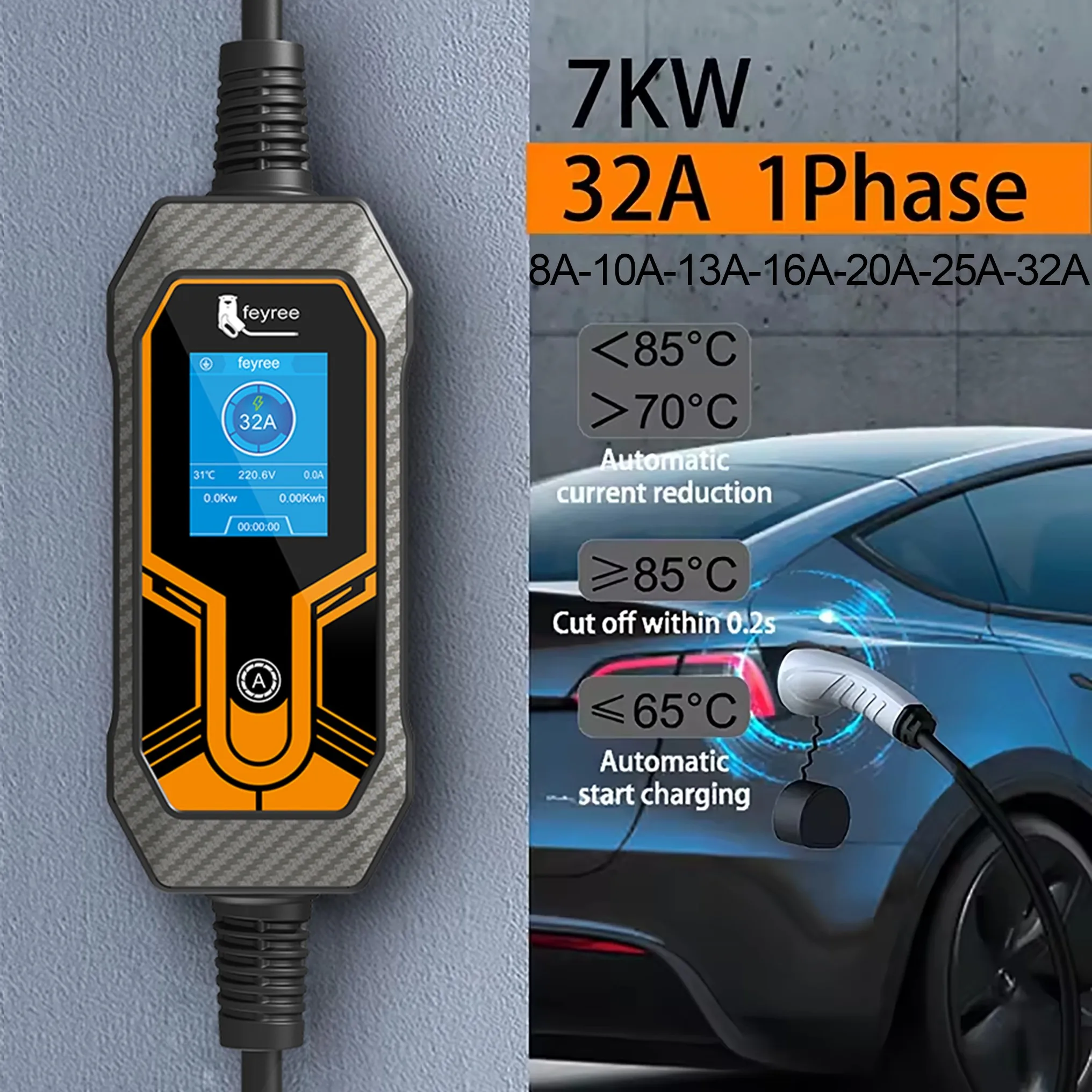 feyree ポータブル EV 充電器ウォールボックス Type2 ケーブル 32A 7KW CEE プラグ付き EVSE Type1 充電ボックス j1772 アダプター電気自動車用