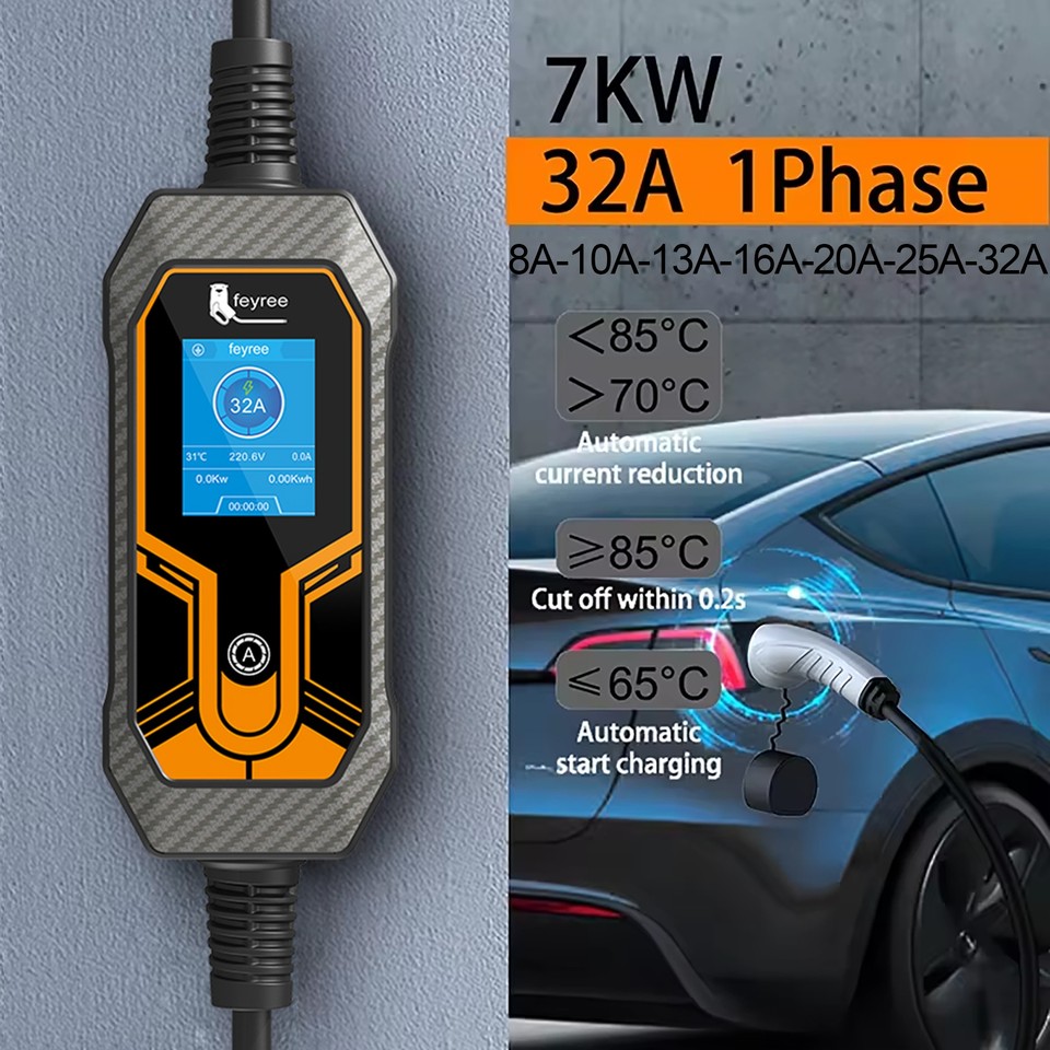  feyree Portable EV Charger Wallbox Type2 Cable 32A 7KW with CEE Plug EVSE Type1 Charging Box j1772 Adapter for Electric Vehicle 