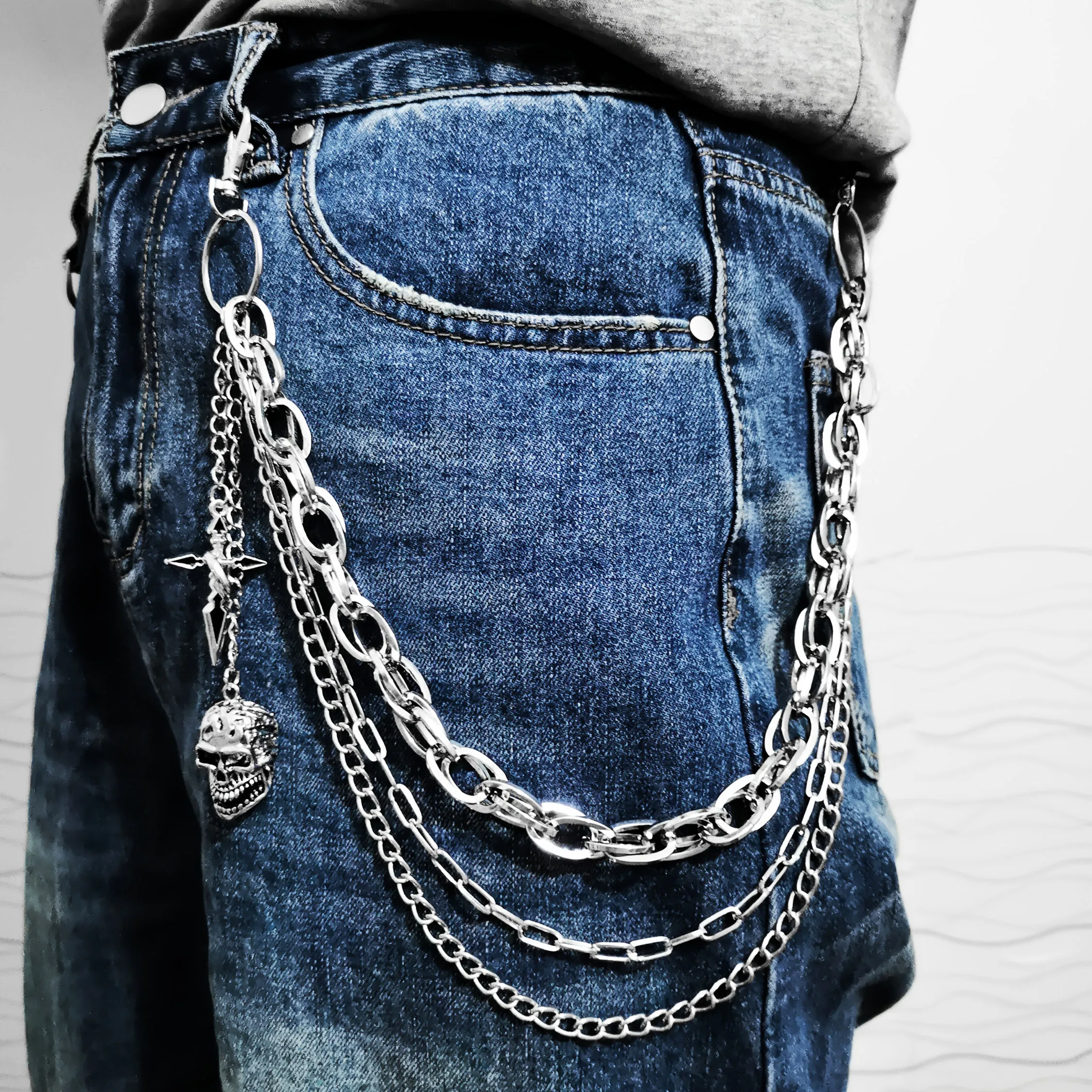 Gothic style multi-layer pants chain, Y2K skull waist chain, optional jeans versatile heavy metal street belt accessories