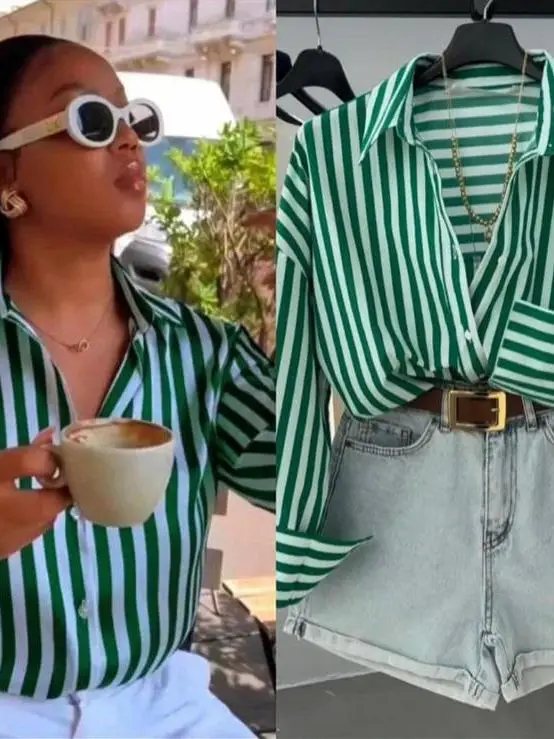 

een Striped Casual Long Sve Women's irt Ladies Faion Polyester Fabric Loose Fit Printed Design No ket Daily Wear