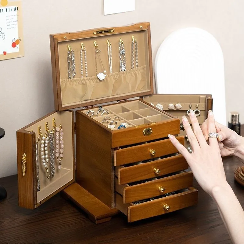 Wooden Jewelry Box Multifunctional with Lock Jewelry Boxes Large Capacity Ring Necklace Organizer Cases Luxury Trinkets Case