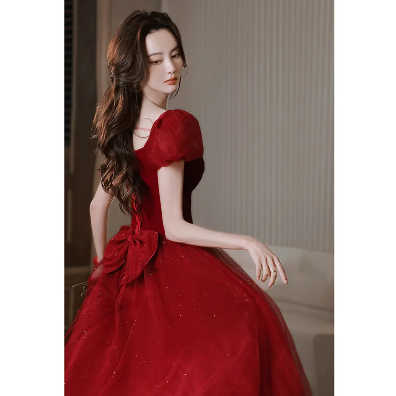 Elegant Burgundy Chiffon Square Collar Puff Sleeve Back Bandage Bride Gowns Party Banquet Female Stage Show Dresses Cheongsam