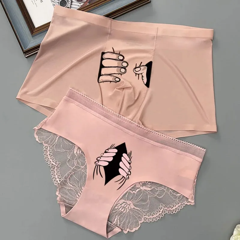 Bóxer Sexy de encaje para hombre y mujer, ropa interior de seda de hielo con estampado divertido, bragas de verano para novio y