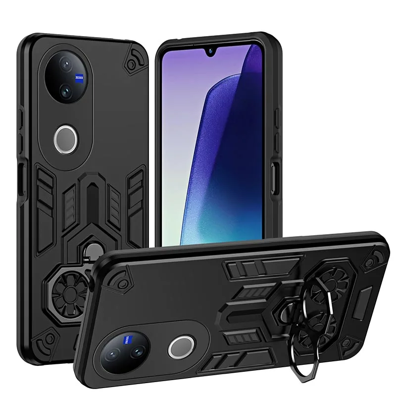 Capa armadura à prova de choque para vivo v50 lite v50e 5g y19e y29 y29s y39 y04 t4x 4g anel de dedo duplo girar capa de suporte de metal