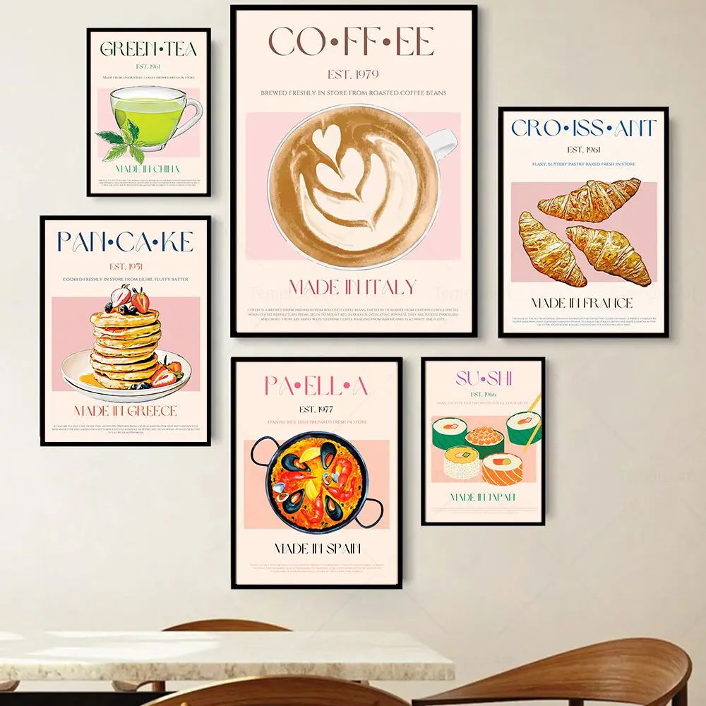 Póster de bebida y comida para cocina, café, té, Croissant, panqueque, Sushi, Paella, lienzo impreso, pintura, imagen artística de pared, comedor, decoración del hogar