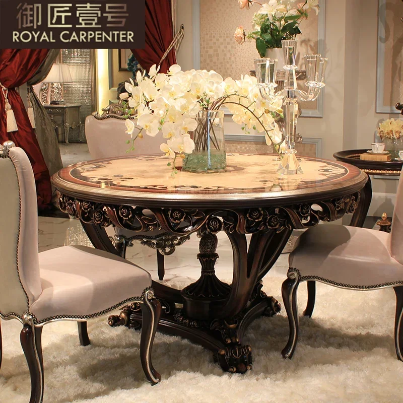 Luxury court European style classical solid wood carved large dining table table art parquet round table