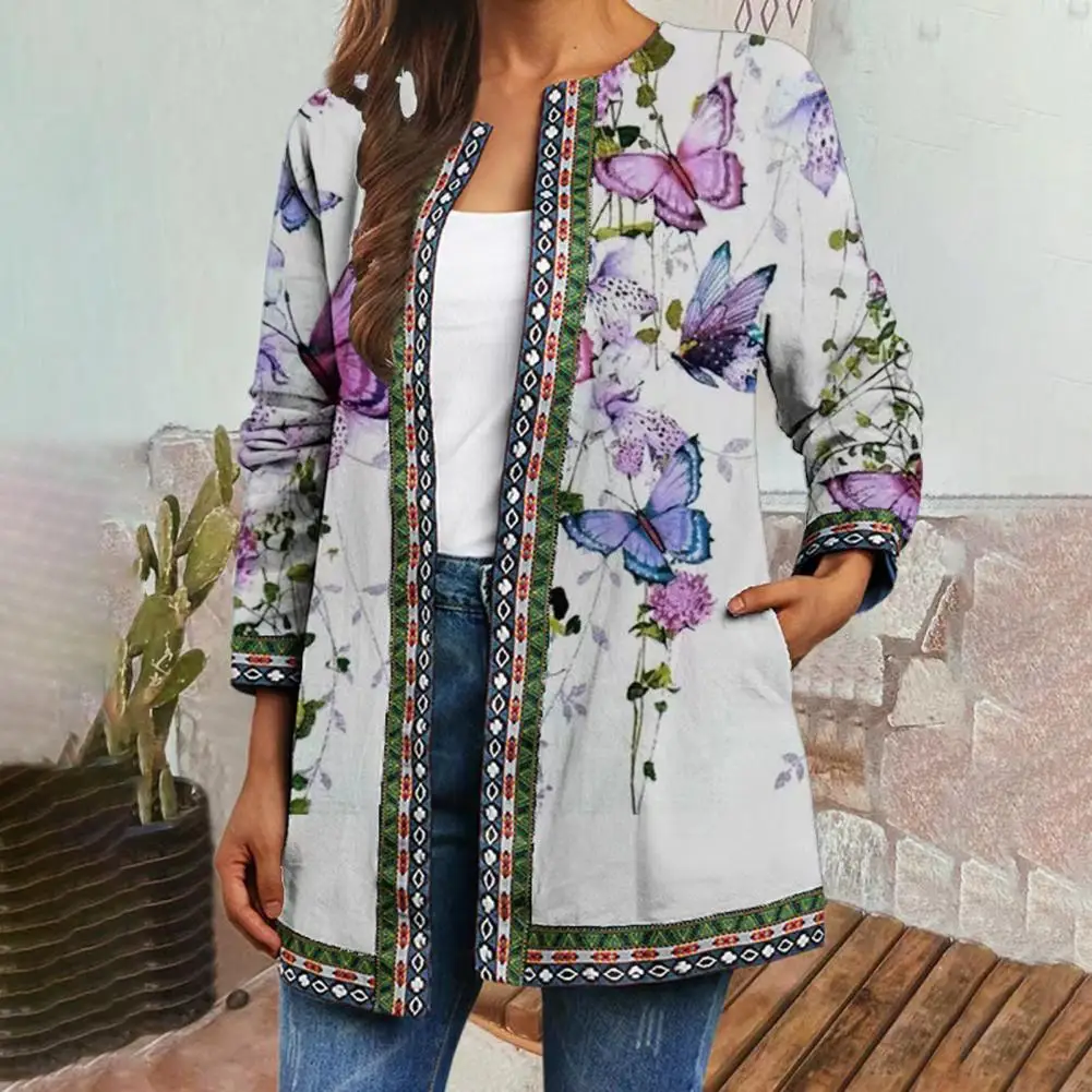 Autumn Coat Fabulous Collarless Plus Size Autumn Coat Colorful Lady Jacket  Plant Pattern Open Stitch Lady Jacket for Home