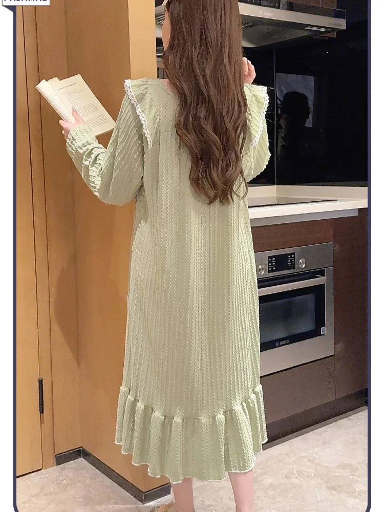 Корейская ночная рубашка больших размеров 110 кг 5XL, женская весенняя кружевная одежда для сна с длинными рукавами, одежда для сна принцессы с квадратным вырезом, свободная домашняя одежда