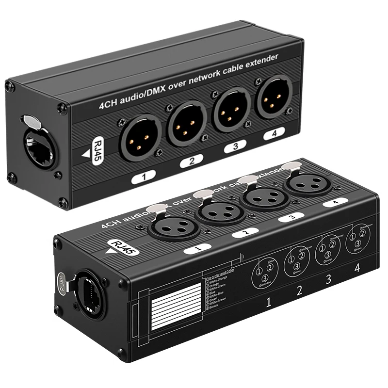 4CH XLR Audio/DMX Network Extender, 4 Channel Ethernet Audio Extender for Mic, Mixer, Speaker & Camera