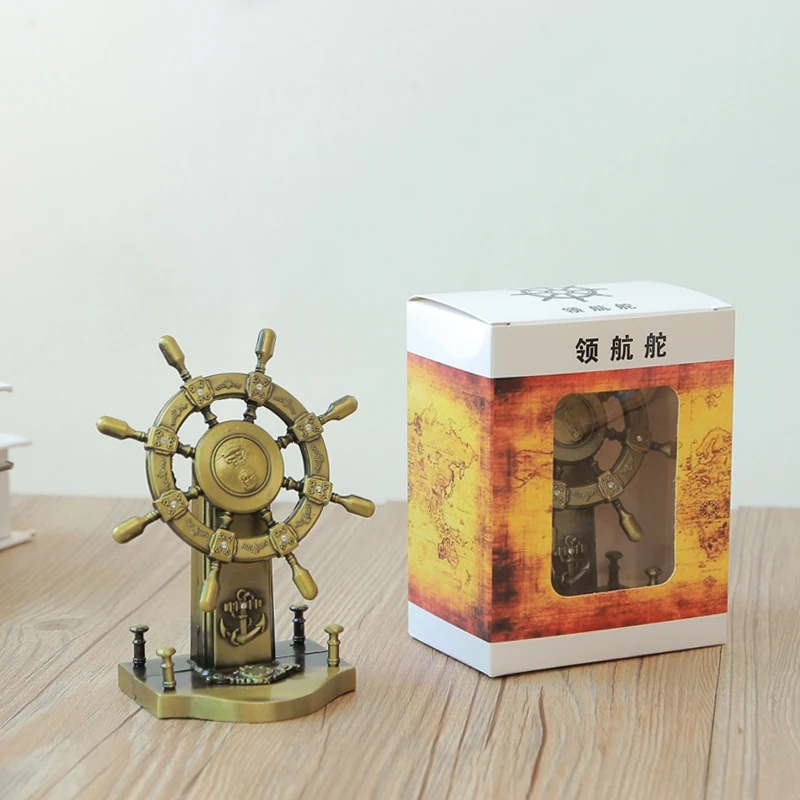 Metal Vintage Ship Wheel Figurine Steering Wheel Helm Model Collectible Souvenir Home Office Decoration Study Ornaments