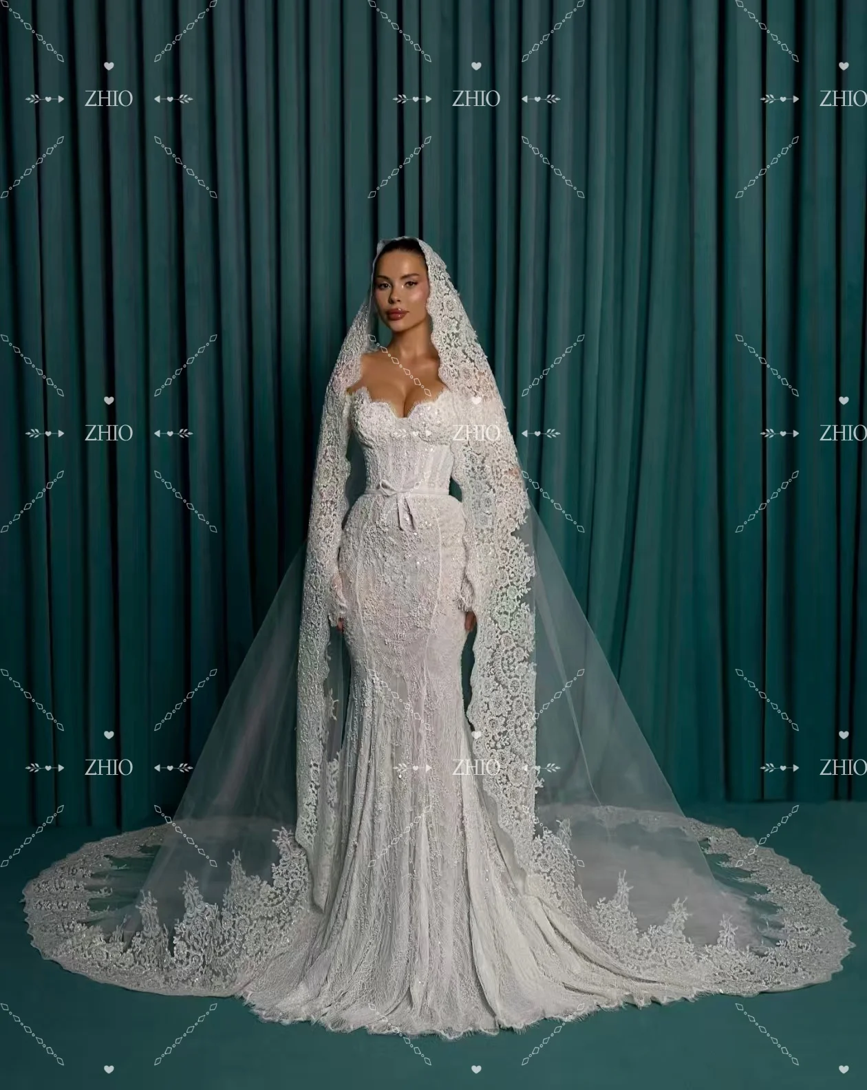 ZHIO فستان زفاف رائع من الدانتيل بدون أكتاف سويب تراين حورية البحر فستان زفاف مخصص رداء دي ماري للعروس جديد 2026 #5