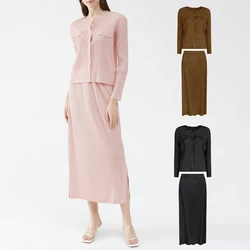 ALSEY Pleated Solid Color Women for Two Piece Sets Autumn Single Breasted Casual Top + Korean Fashion Side Split Half Skirt New