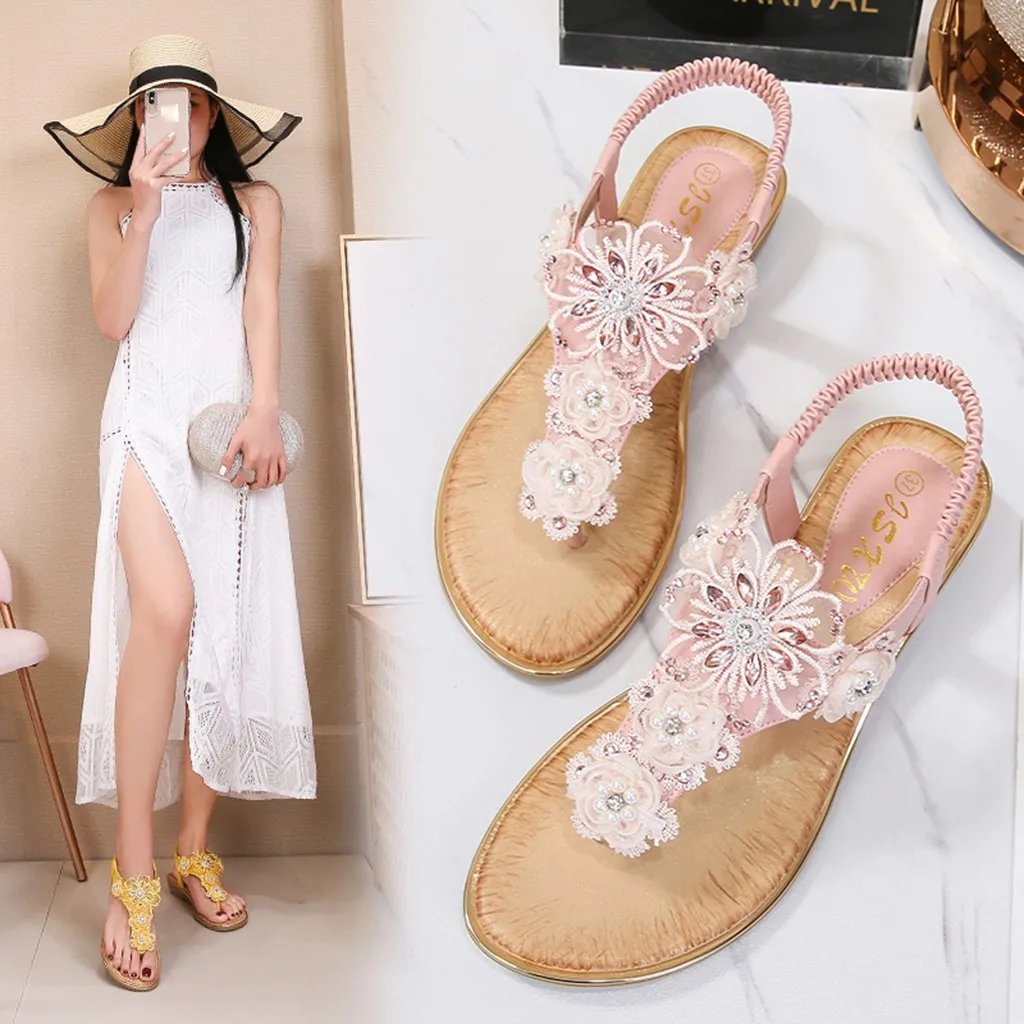 Heated Slippers for Women Ladies Casual Shoes Beach Crystal Pearl Flower Flops Women Flip Sandals Womens Slipper Slides Size 6