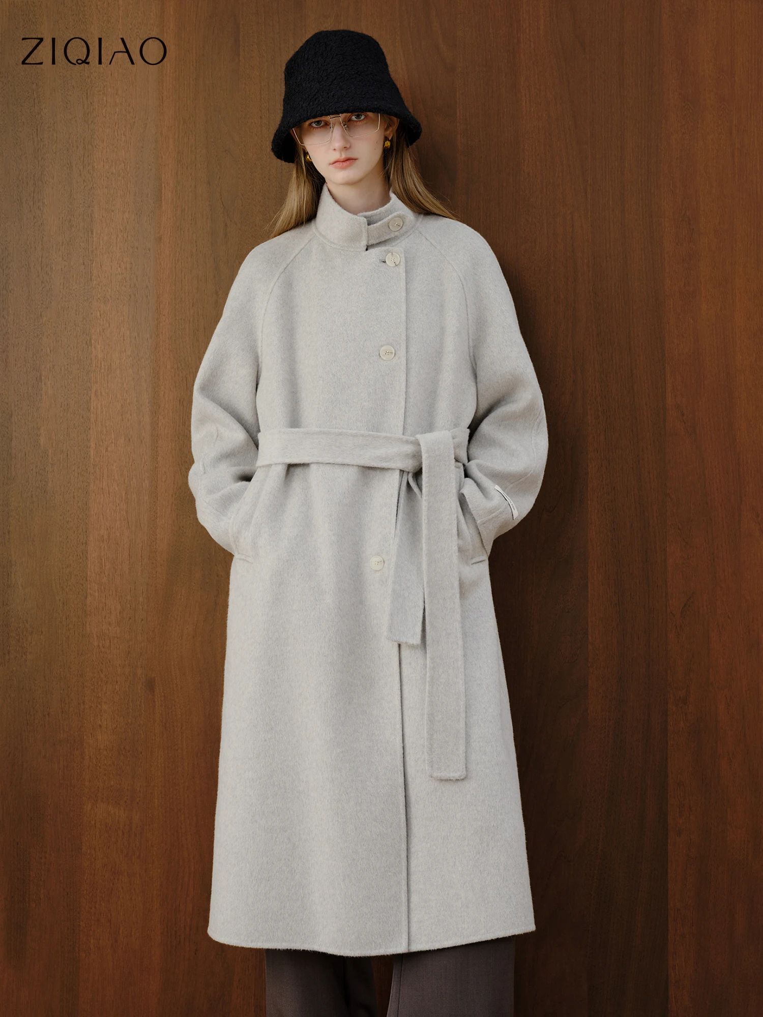 ZIQIAO Petite Size 2025 Autumn Winter Women's Stand Collar Cashmere Wool Blend Coat Long Tweed Overcoat for Small Size Slim Fit