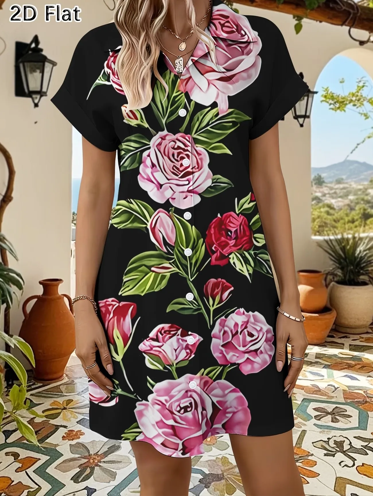 Ladies Summer Shirt Dress Casual Vacation Style 3D Floral Pattern Women's Fashion One-Piece Clothing