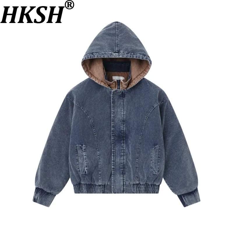 HKSH Otoño Invierno nuevos hombres marea Vintage pana acolchada chaqueta con capucha diseño sentido deconstruido Casual Ins abrigo de algodón HK16323