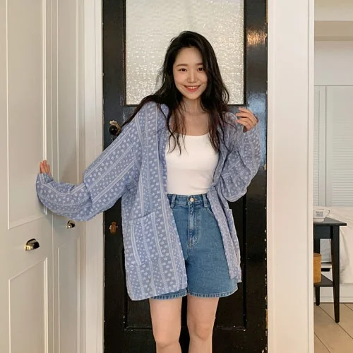 

Versatile Long Sve Cotton Linen Casual Women's irt Cardigan Outerwear Floral Print Collar Mid-Length Straight Cut