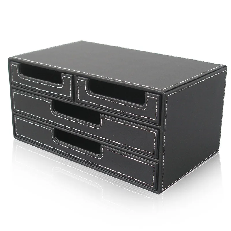 Black Leather Small Four Drawer File Cabinet Desktop Stationery  Multi-organization Cabinet Bill Envelope Storage Cabinet Drawer - view 3