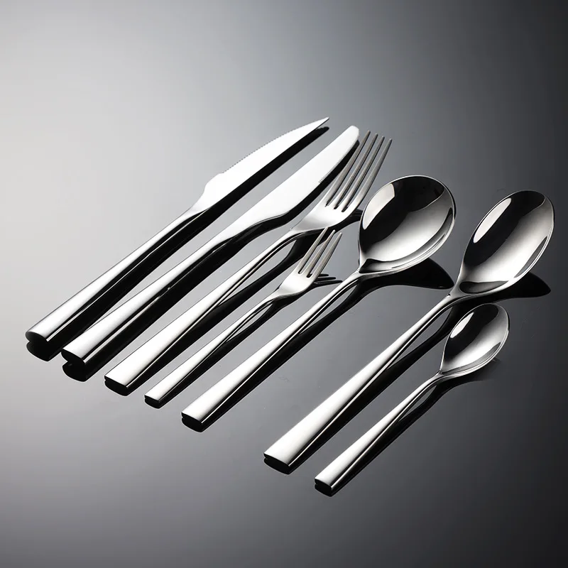 Thick Square Handle Cutlery Stainless Steel Dinnerware Sets Silver Fork Knife Spoon Teaspoon Teafork Full Table Dining Service