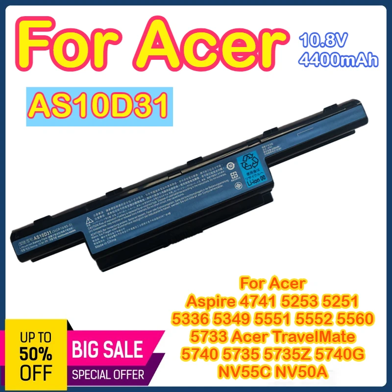 

AS10D31 Battery for Acer AS10D51 Acer Aspire 4741 5253 5251 5336 5349 5551 5552 5560 5733 Acer TravelMate 5740 5735 5735Z 5740G