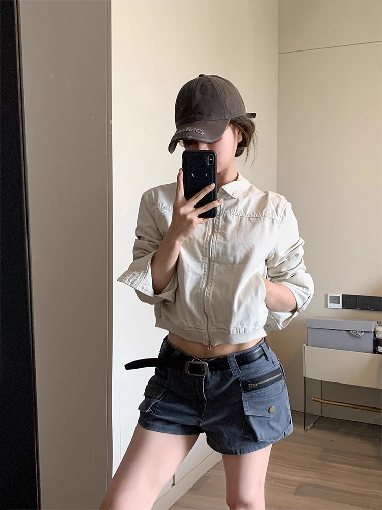 레다치 아큐비 패션 로우 웨이스트 데님 반바지 신상 트렌디 그레이 캐주얼 카고 포켓 타이트 부티 팬츠 핫 썸머 여성 워크웨어