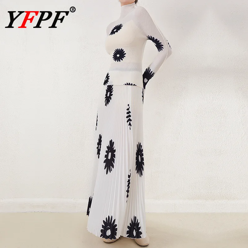 

YFPF 2025 Miyake Pleated Women Two Piece Set Flower Printing T-shirt + A Line Folds Long Skirt Elegant New Clothing Fashion