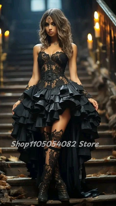 

Customized Black Elegant Ball Gown Strapless Lace Off-the-Shoulder Victorian-Style Pleated Short-Front Long Hem Evening Dress