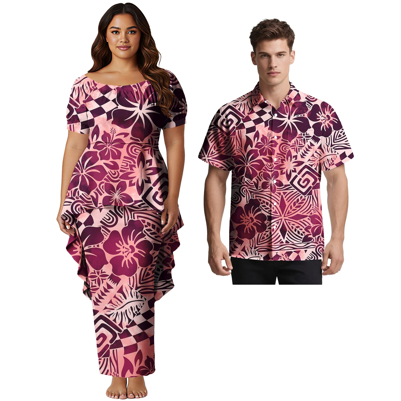 Hawaii Custom Logo His-and-Hers Clothes Church Style Ladies 2pcs Long Dress Men Short Sleeve Shirt Samoan Polynesian Couple Suit